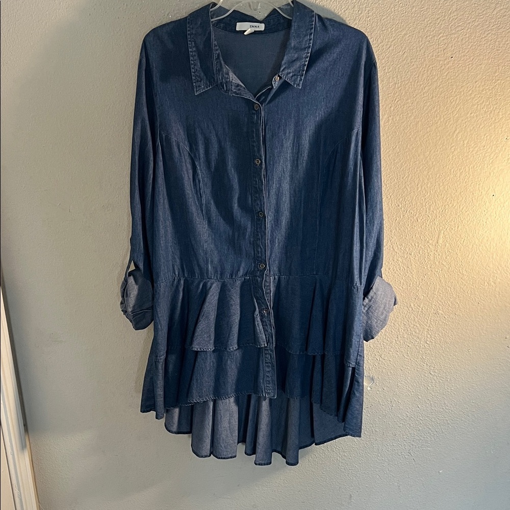 Simply Emma Blue Button-Up Ruffle Top